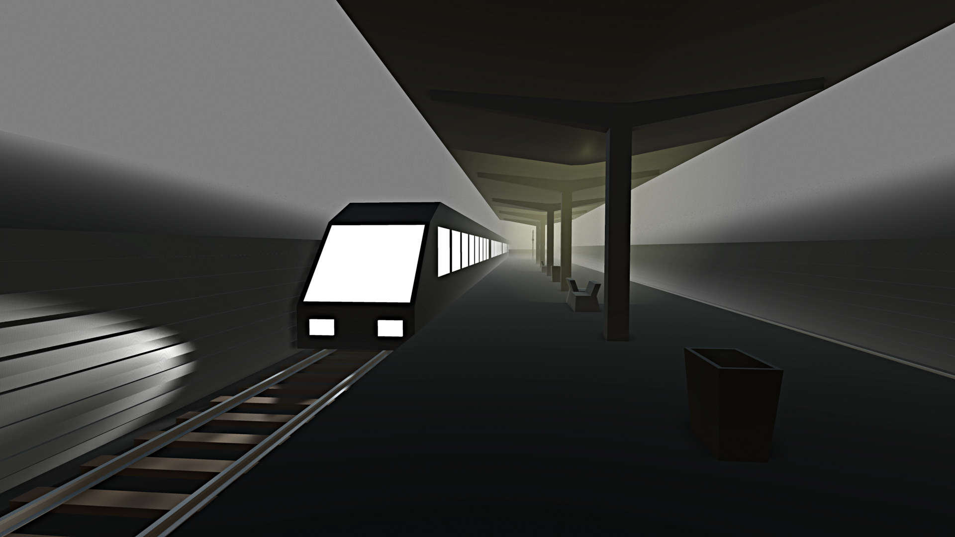 screenshot / computer generated - POV on platform with approaching train