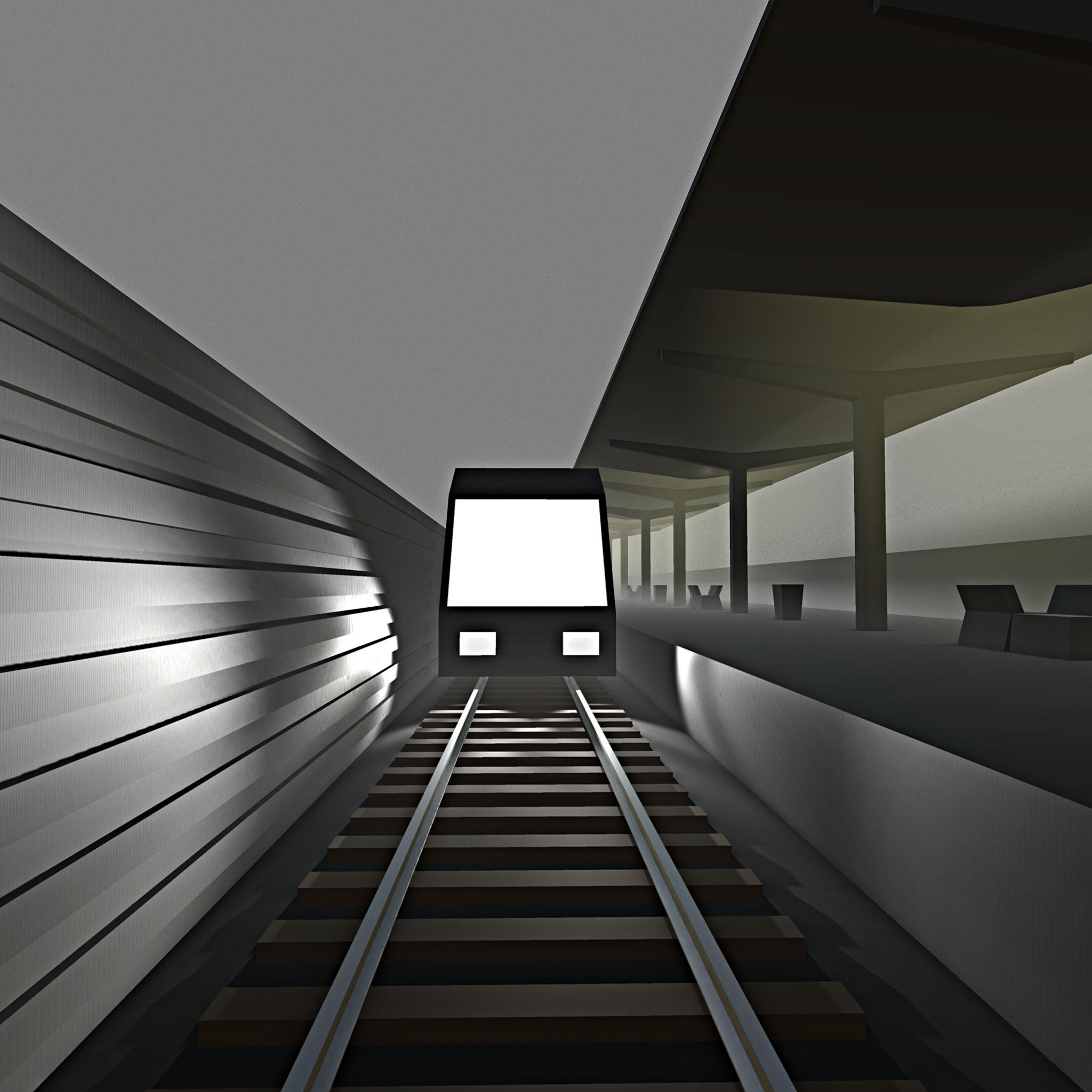 screenshot / computer generated - POV on traintracks with approaching train ahead
