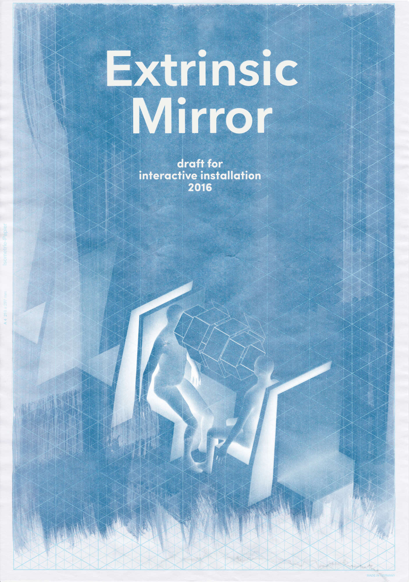 Cyanotype on isometric paper with title: 'Extrinsic Mirror - draft for interactive installation 2016. Underneath two people are sitting opposite of another with contraption between them
