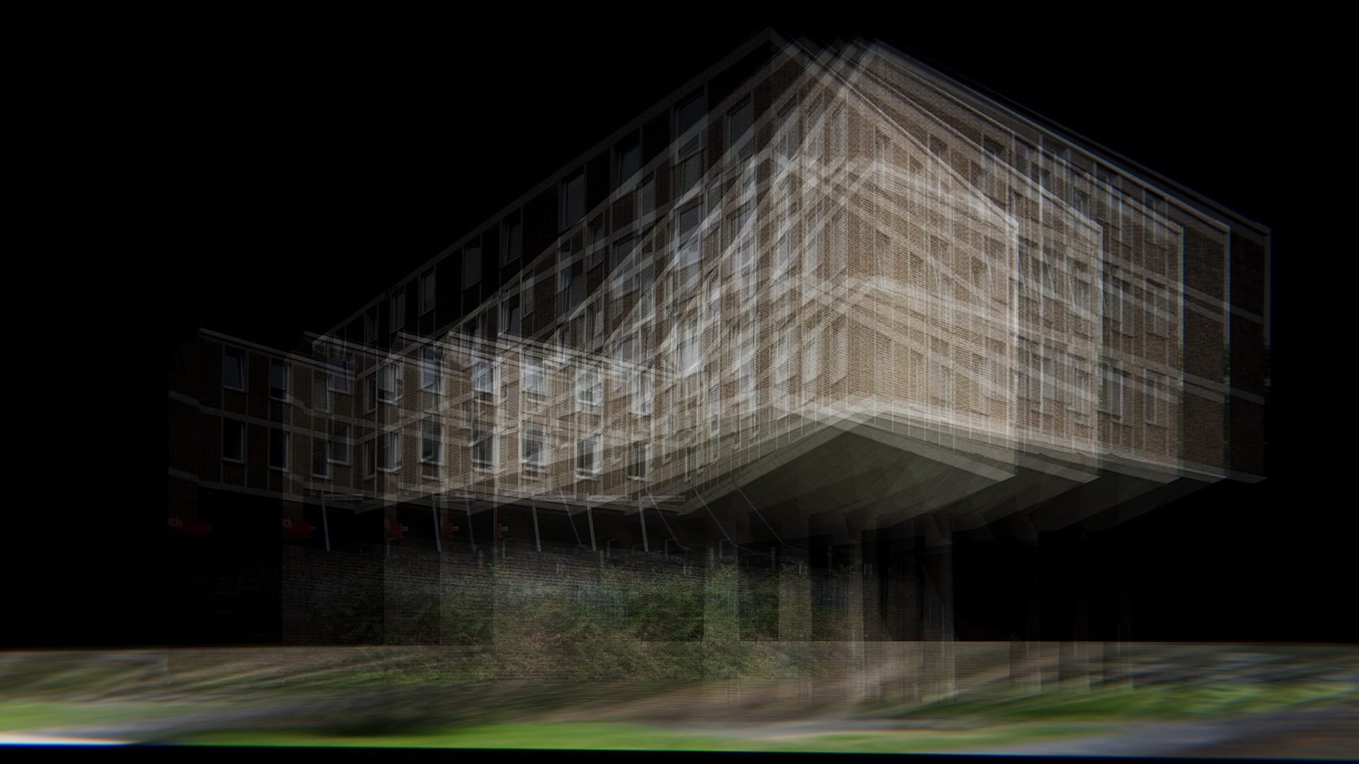 multiexposure of building viewed from different angles with black background